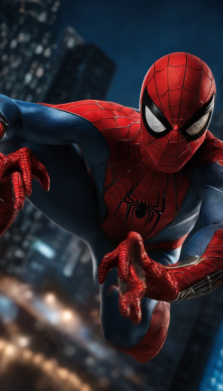 (best quality,4k,highres,ultra-detailed:1.2),superhero,Spider-Man,full-body shot,extremely detailed suit,exquisite mask,shiny reflective textures,elaborate web-patterns,sparkling eyes,superbly crafted spider-emblem,muscular physique,fluid dynamic movements,flying pose,city skyline background,vibrant colors,comic book style, dramatic lighting,gritty and atmospheric ambiance.