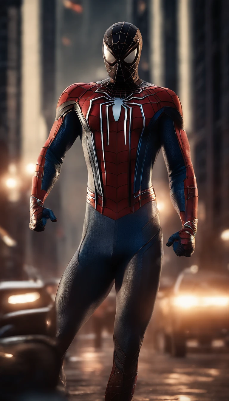 (best quality,4k,highres,ultra-detailed:1.2),superhero,Spider-Man,full-body shot,extremely detailed suit,exquisite mask,shiny reflective textures,elaborate web-patterns,sparkling eyes,superbly crafted spider-emblem,muscular physique,fluid dynamic movements,flying pose,city skyline background,vibrant colors,comic book style, dramatic lighting,gritty and atmospheric ambiance.