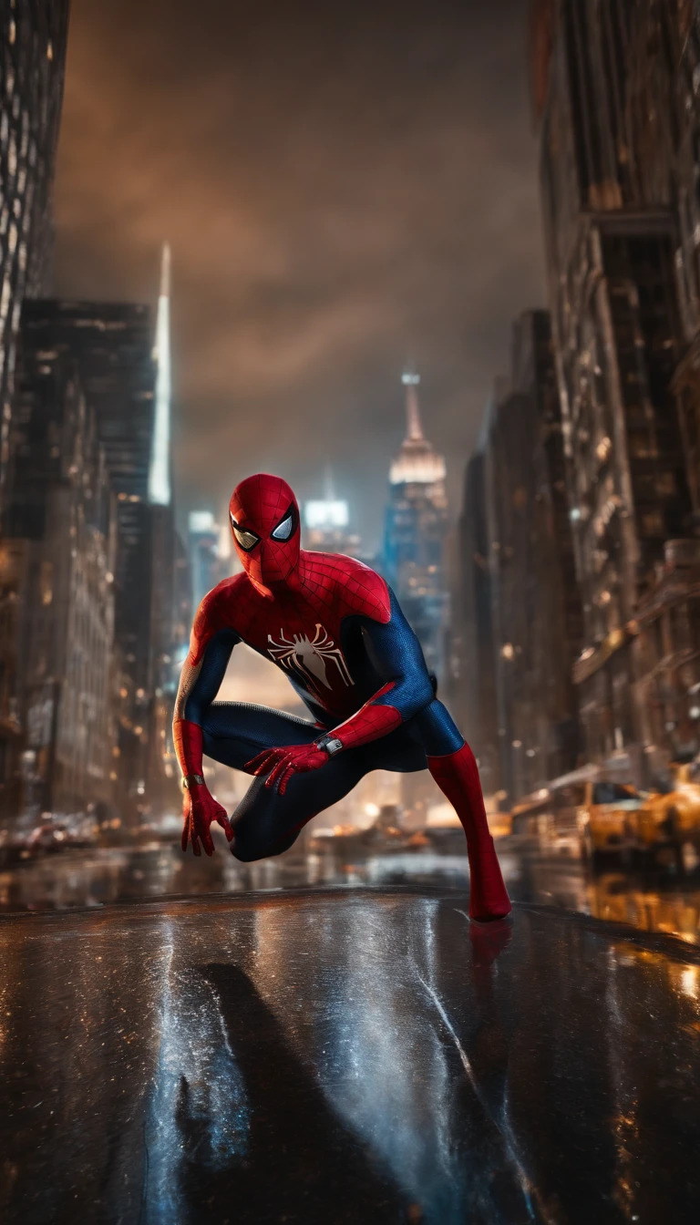 (best quality,4k,highres,ultra-detailed:1.2),superhero,Spider-Man,full-body shot,extremely detailed suit,exquisite mask,shiny reflective textures,elaborate web-patterns,sparkling eyes,superbly crafted spider-emblem,muscular physique,fluid dynamic movements,flying pose,city skyline background,vibrant colors,comic book style, dramatic lighting,gritty and atmospheric ambiance.