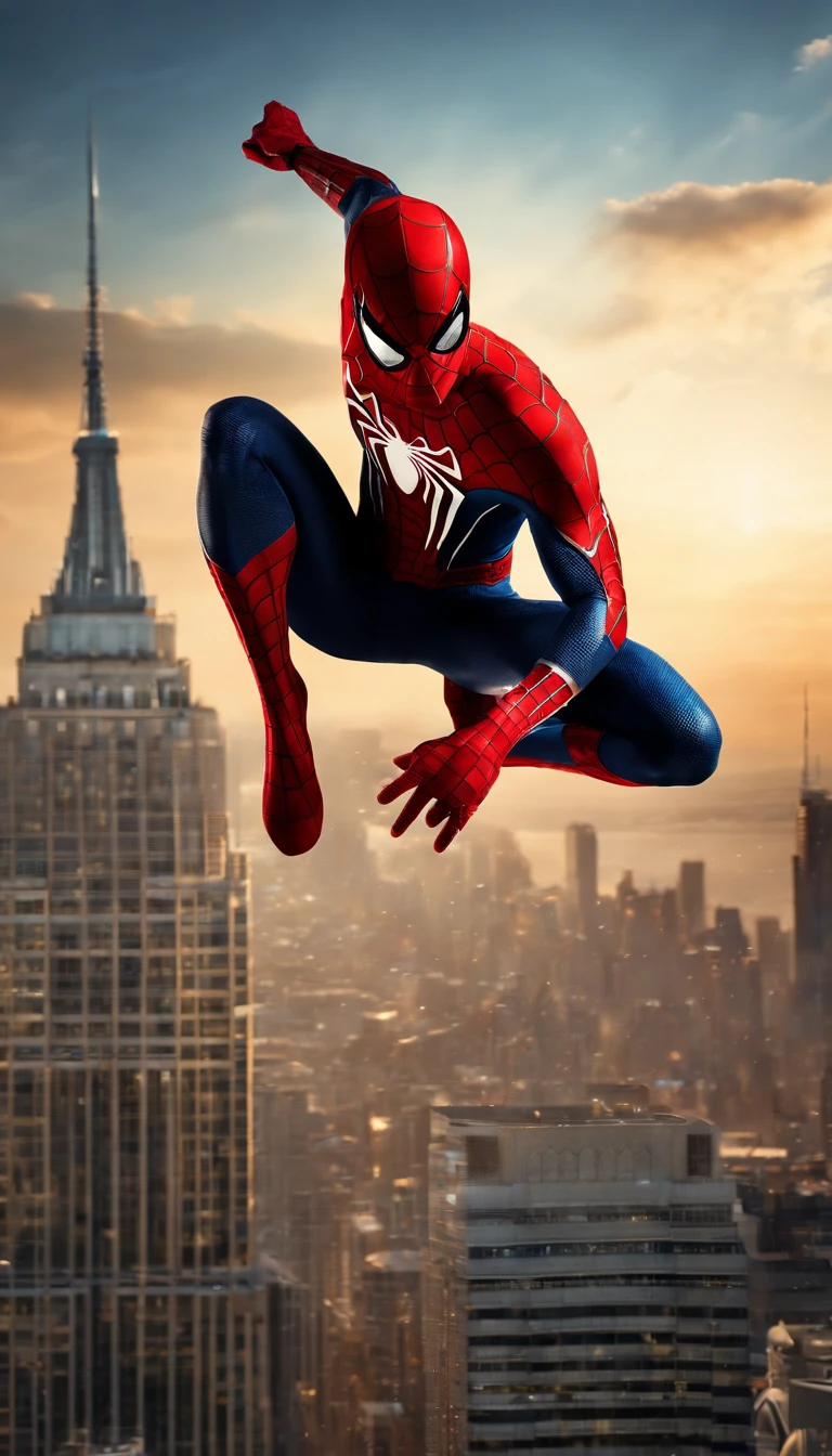 (best quality,4k,highres,ultra-detailed:1.2),superhero,Spider-Man,full-body shot,extremely detailed suit,exquisite mask,shiny reflective textures,elaborate web-patterns,sparkling eyes,superbly crafted spider-emblem,muscular physique,fluid dynamic movements,flying pose,city skyline background,vibrant colors,comic book style, dramatic lighting,gritty and atmospheric ambiance.