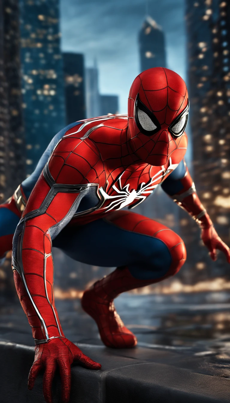 (best quality,4k,highres,ultra-detailed:1.2),superhero,Spider-Man,full-body shot,extremely detailed suit,exquisite mask,shiny reflective textures,elaborate web-patterns,sparkling eyes,superbly crafted spider-emblem,muscular physique,fluid dynamic movements,flying pose,city skyline background,vibrant colors,comic book style, dramatic lighting,gritty and atmospheric ambiance.