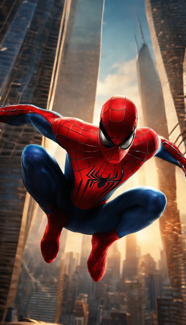 (best quality,4k,highres,ultra-detailed:1.2),superhero,Spider-Man,full-body shot,extremely detailed suit,exquisite mask,shiny reflective textures,elaborate web-patterns,sparkling eyes,superbly crafted spider-emblem,muscular physique,fluid dynamic movements,flying pose,city skyline background,vibrant colors,comic book style, dramatic lighting,gritty and atmospheric ambiance.