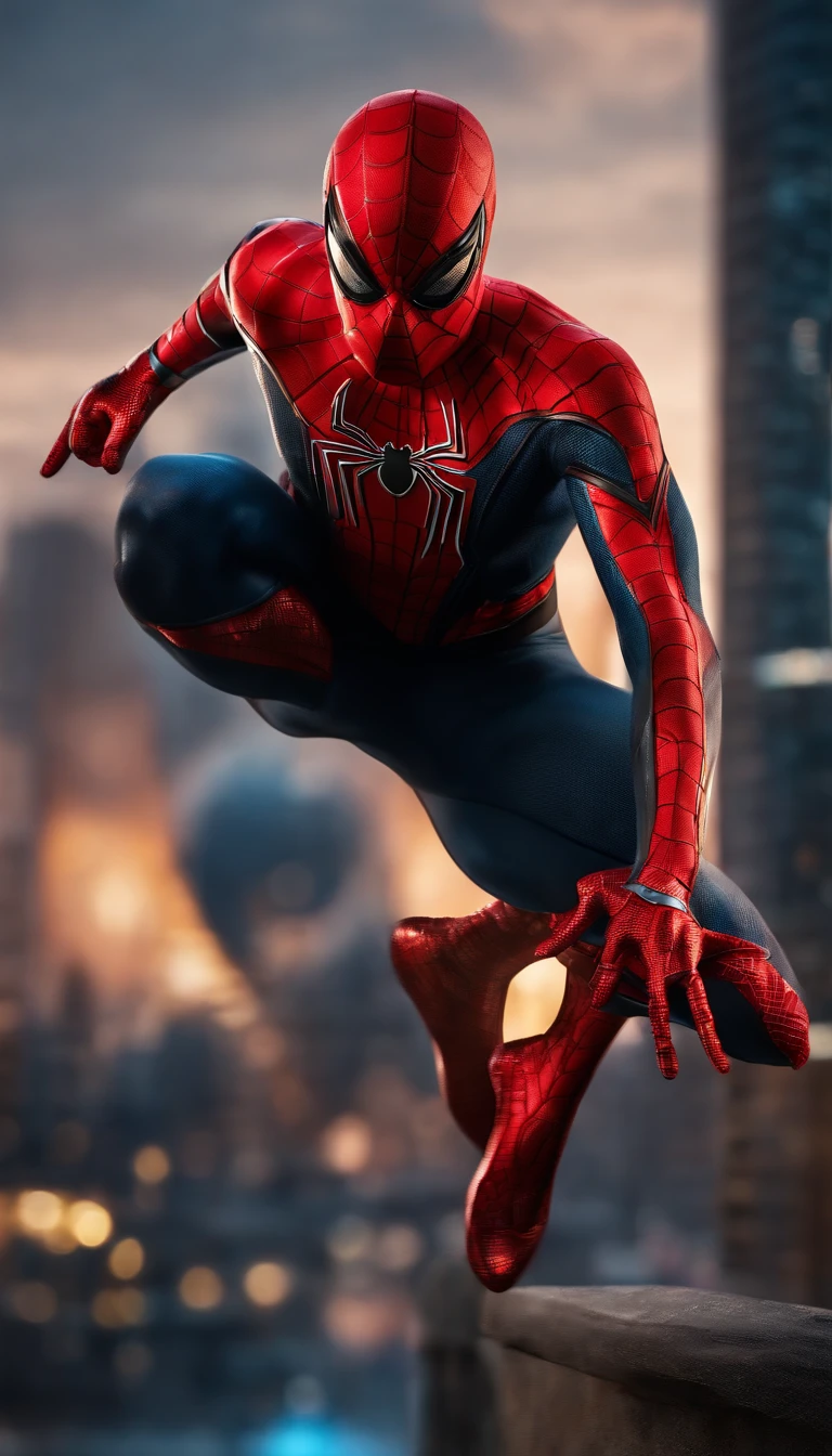 (best quality,4k,highres,ultra-detailed:1.2),superhero,Spider-Man,full-body shot,extremely detailed suit,exquisite mask,shiny reflective textures,elaborate web-patterns,sparkling eyes,superbly crafted spider-emblem,muscular physique,fluid dynamic movements,flying pose,city skyline background,vibrant colors,comic book style, dramatic lighting,gritty and atmospheric ambiance.