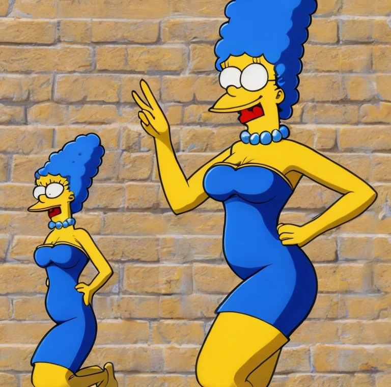 Smurfette with a very big butt and very big breasts wearing Merlina's clothes with black sandals and highlighting her breasts and butt with a cucumber caressing her butt while sticking out her tongue and making the peace symbol with her hand