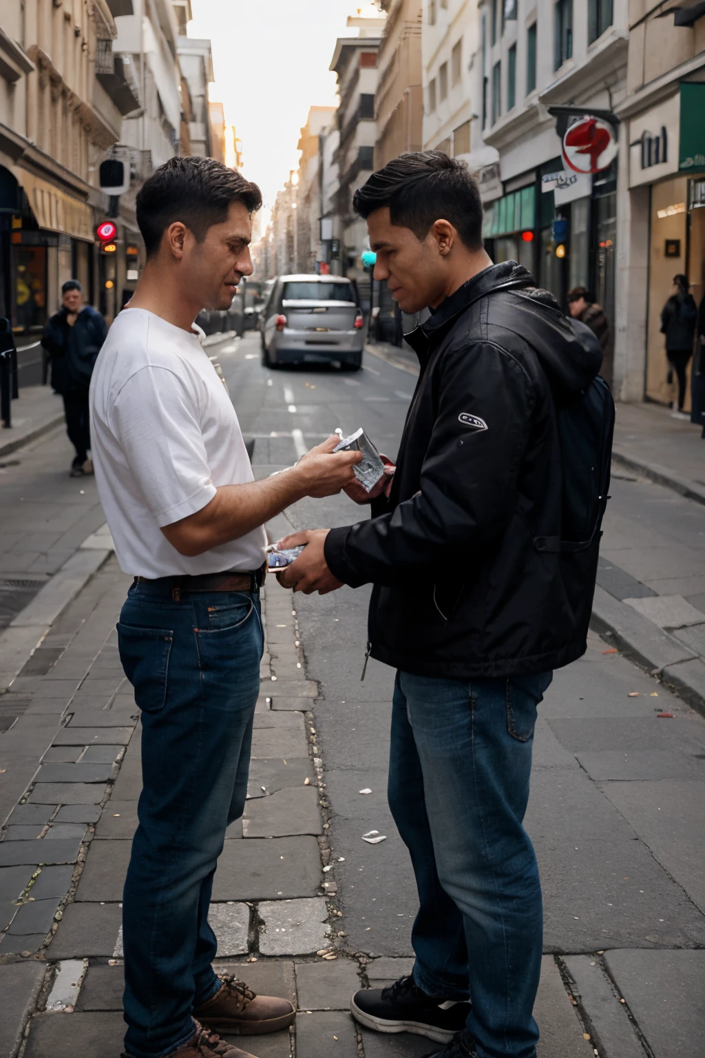 a man giving money to another man in the street