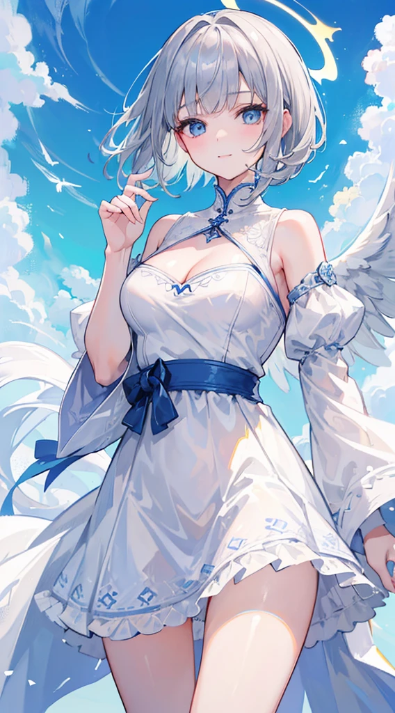 (8k、Top image quality、top-quality、masterpiece)、A detailed face、1 girl in、Gray-haired shorthair、blunt bangs、light blue eyes、A slight smil、Halo、robe blanche、cleavage、a miniskirt、one white winged、cowboy shot、POV、Moonlit Night Background