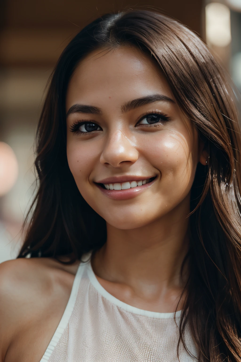 Beautuful Women、brown-eyed、upward facing viewer、nase、Photorealsitic、realisitic、Features a simple background、(a smile:1.5)、hight resolution、Natural skin texture flirting with the camera、24mm、4k texture、Soft cinematic light、 adobe lightroom、Photolab、SKSW、Convoluted、elegent、A highly detailed、Sharp Focus、(Cinematic Look)+++、Muted Tones、insane detail、(intricate-detail)+、Hyper-detailing、Low contrast、Soft cinematic light tennis full bodyesbian