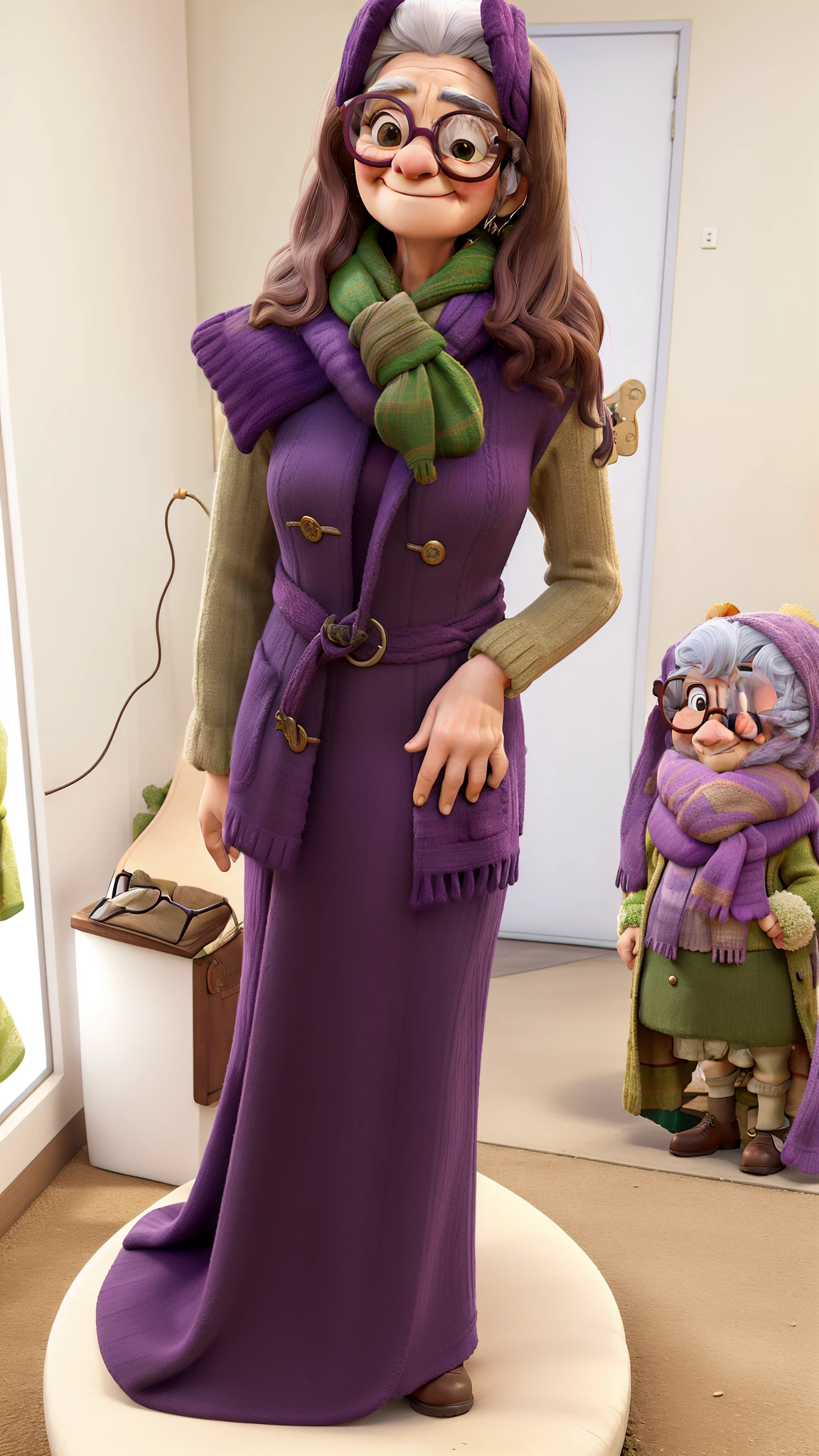 masterpiece, best quality, an old woman with glasses and a scarf on, wearing a purple coat and green scarf, standing at the park