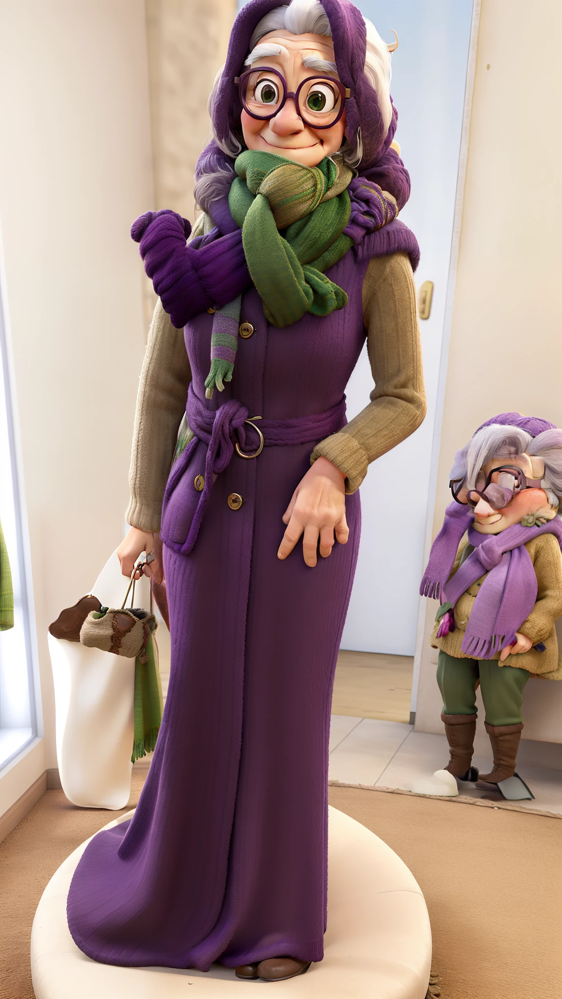 masterpiece, best quality, an old woman with glasses and a scarf on, wearing a purple coat and green scarf, standing at the park