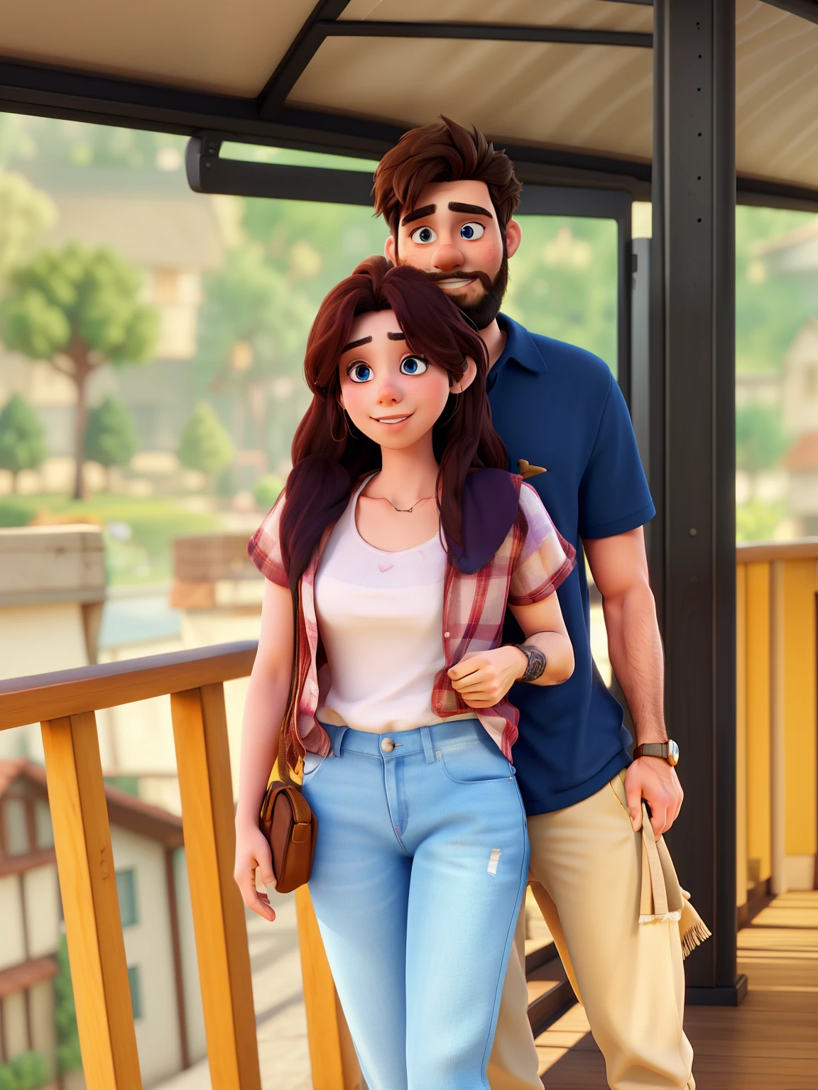 realistic high-quality background 3D love couple Bearded boy and short pretty girl
