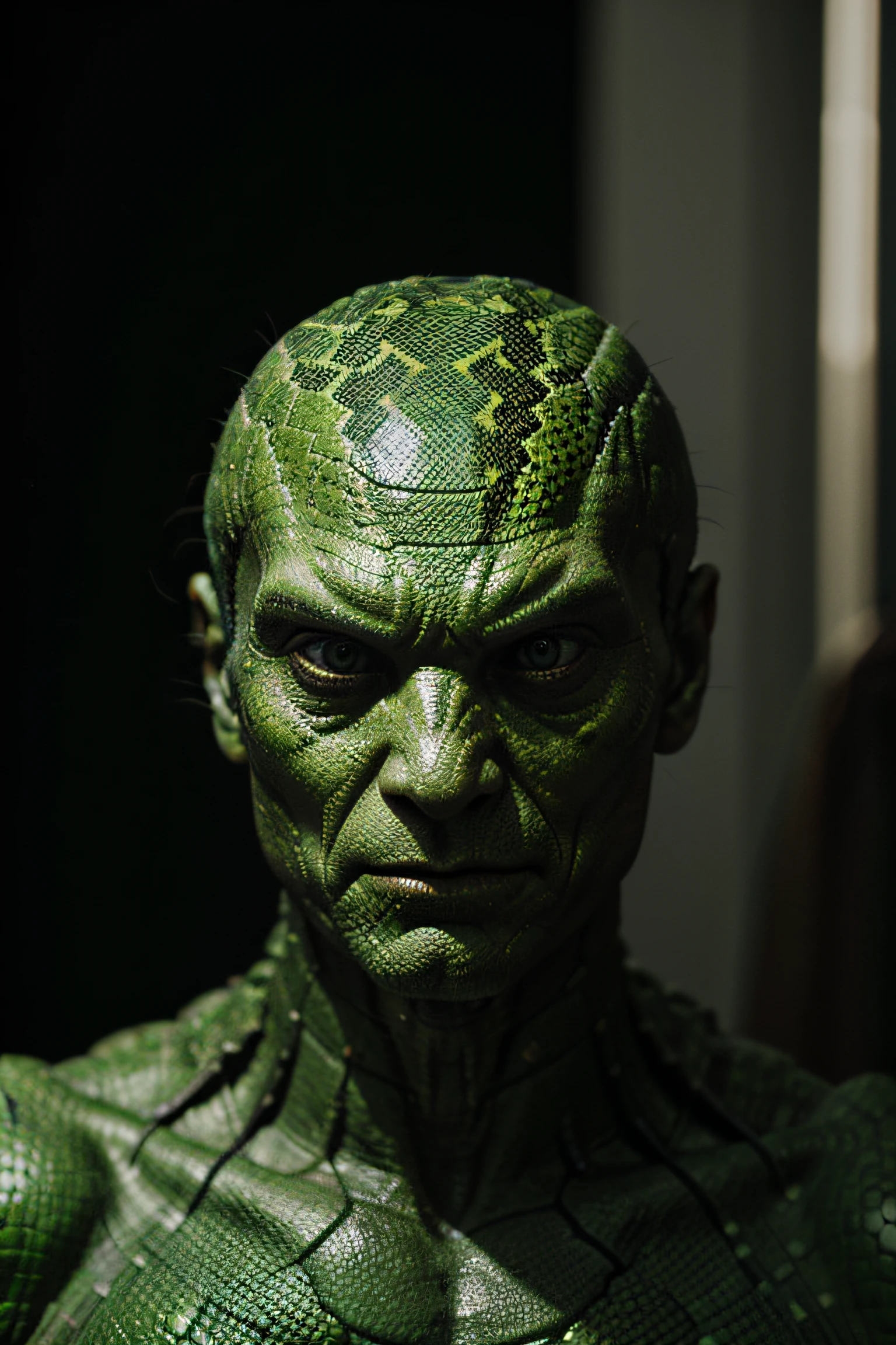 The hyper-realistic photo reptilian man , shot with Nikon Z7 II and Nikon NIKKOR Z 105mm f/2.8 VR S lens, HDR,