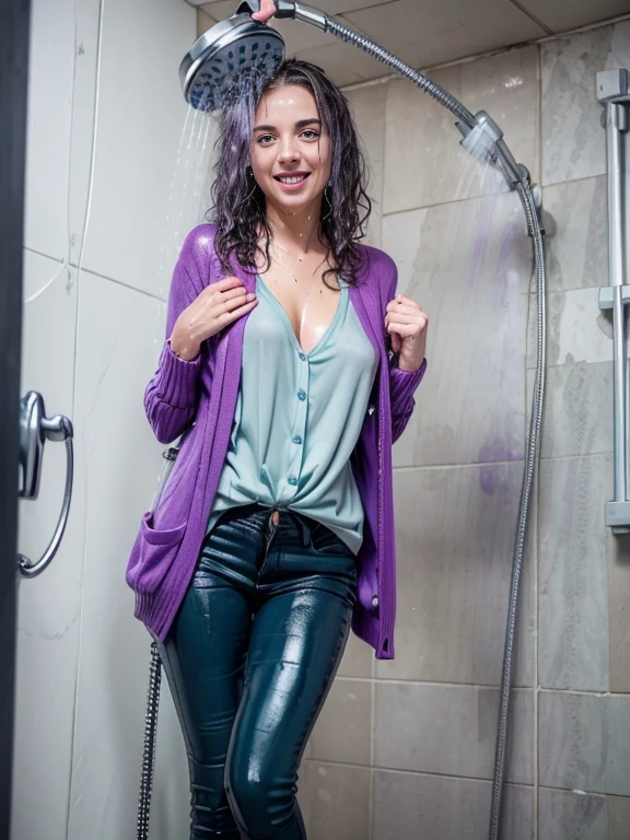 ((woman taking a shower in very tight low cut mint green blouse and very long light grey cardigan sweater and purple skinny jeans and black flat shoes)), ((wet hair)), soaking wet, SoakingWetClothes, ((standing under the shower head)), (((show shoes))), inviting smile, water pouring through clothes, ((NSFW)), nipples showing through wet sweater, v-neck blouse with cleavage showing, short curly blonde hair, blue eyes