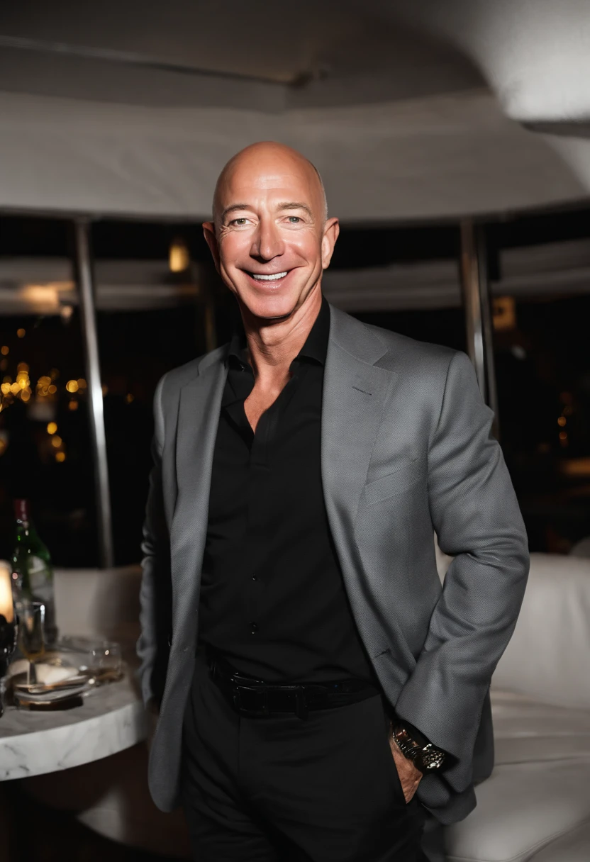 A photo of Bezos at a luxury yacht party with A-list celebrities,original,Jeff Bezos, the founder of Amazon, is known for his bald head and often a warm, yet measured smile, presenting a recognizable and influential figure in the tech world. He usually appears in public wearing professional yet relatively understated attire, reflecting his practical approach to business and life. He’s gotten absolutely jacked after taking lots of testosterone and HGH.