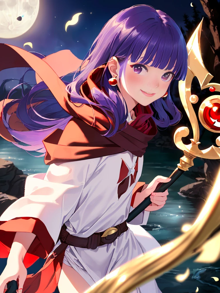 ((((Princess of Moonberg from DQ2)))), ((1little girl)), 13yo, (((deep purple hair))), ((Blunt bangs)), (Fluffy long hair), (Deep red eyes), ((((red hood)))), (Roto emblem drawn on hood), (((Purple-red stole))), Pearl earrings, (((White robe with red edging))), ((droopy eyes)), Holding a magic staff in her left hand,
((at river)), crescent, Healing magic,
photographrealistic, Sense of depth, Absurd resolution, High resolution, 8K, 4K, detail, Best Quality, (Raw photo, Best Quality, masters:1.2), (Realistic, Photorealsitic:1.37), ultra-detailliert,
Smile, Looking at the camera, full-face blush, , (running), Angle from below, Full body shot,