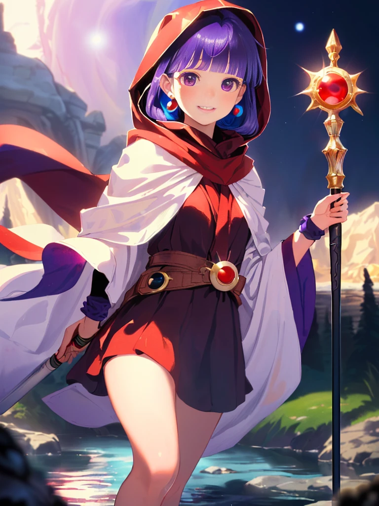 ((((Princess of Moonberg from DQ2)))), ((1little girl)), 13yo, (((deep purple hair))), ((Blunt bangs)), (Fluffy long hair), (Deep red eyes), ((((red hood)))), (Roto emblem drawn on hood), (((Purple-red stole))), Pearl earrings, (((White robe with red edging))), ((droopy eyes)), Holding a magic staff in her left hand, 

((at river)), crescent, Healing magic, 
photographrealistic, Sense of depth, Absurd resolution, High resolution, 8K, 4K, detail, Best Quality, (Raw photo, Best Quality, masters:1.2), (Realistic, Photorealsitic:1.37), ultra-detailliert,
Smile, Looking at the camera, full-face blush, , (running), Angle from below, Full body shot,