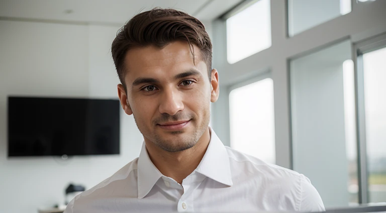 Sednic Mejov, a professional whose appearance reflects his determination and commitment to leadership, He has an average height, maintaining an upright posture that conveys confidence and seriousness. Seus cabelos escuros, cut in a sober way, acentuam sua abordagem profissional, while his penetrating gaze expresses a vision focused on the company's success.
Ao vestir roupas empresariais elegantes e modernas, Sednic stands out for its choice of attire aligned with contemporary corporate culture. Your subtle smile reveals confidence and determination, complementando sua personalidade. Em resumo, Sednic Mejov exudes a respectable presence, balancing the seriousness of the business world with a welcoming and inspiring approach.