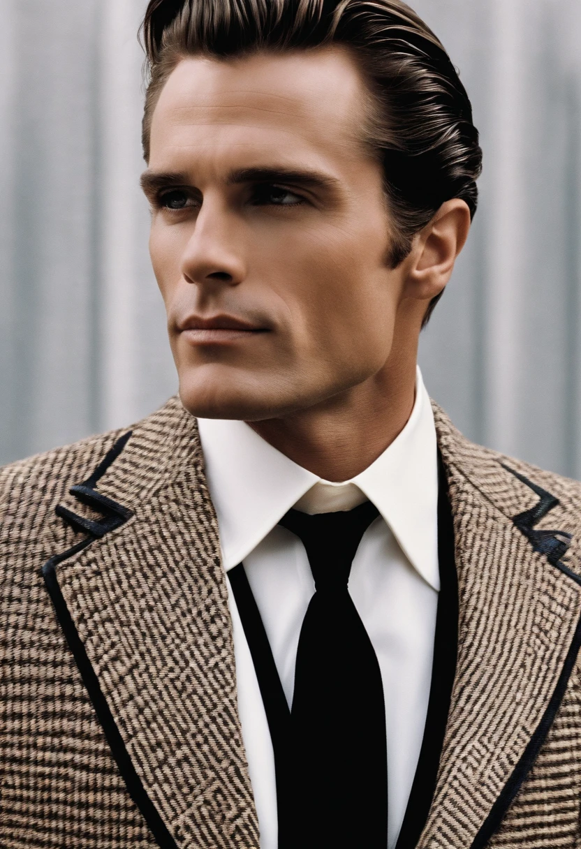 A close-up photo of a vintage dagger with ornate detailing,American Psycho (2000 film),Patrick Bateman, the protagonist of “American Psycho,” is depicted as a quintessential 1980s Wall Street yuppie with a polished appearance: slicked-back hair, a chiseled, handsome face, and an impeccable wardrobe that underscores his obsession with status and material success. His physique is well-maintained with rigorous exercise, reflecting his vanity and concern with external perceptions.