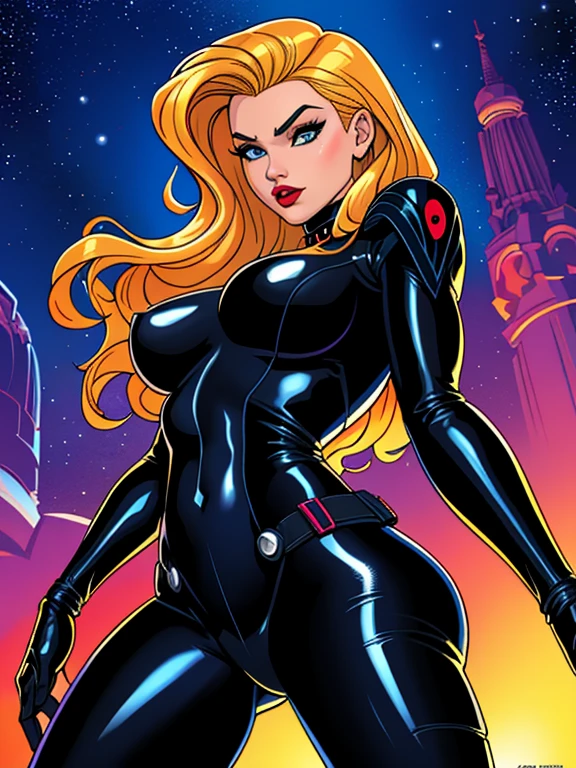 a cartoon of a woman in a black widow outfit and blonde hair, j. Scott Campbell, J. Scott Campbell, menina gato atraente, personagem de quadrinhos, Vilania, Retrato de corpo inteiro de Gwen Stacy, Black Widow, comic character, black canary, menina do gato, Design de personagens de quadrinhos dos anos 90, gatinha, wearing a black catsuit, inspired by José Comas Quesada, inspirado em J. Scott Campbell, estilo quadrinhos, lineart, vetor, contorno preto