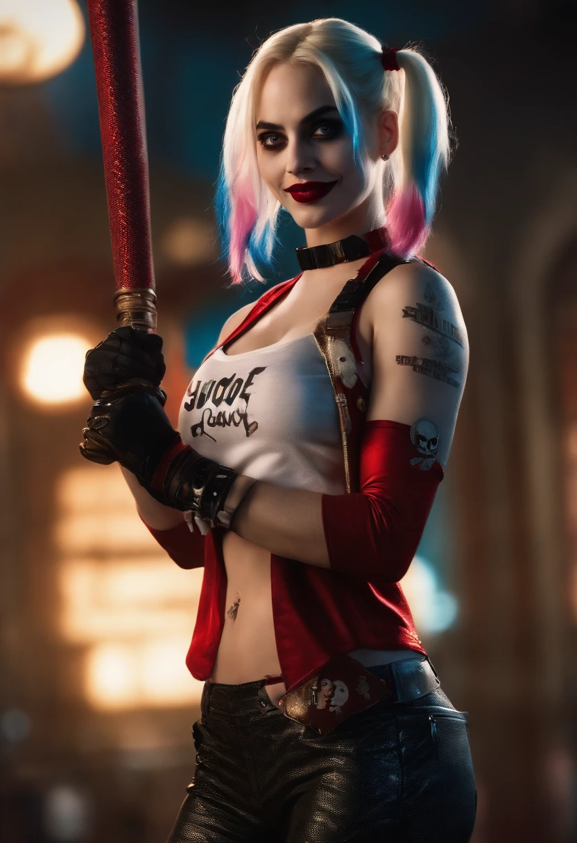 ((Harley quinn from suicide squad movie)) (beautiful face)(glowing eyes)(red lips) ((long twin tails hairstyle with side bangs))) ((very huge breasts) (perfect slim body) (wears white ripped tank top with text : imvu , low cut short pants)) (gloves, choker, black net stocking),((hold baseball bat on hand))(posing sexy on abandoned factory)), (high definition, amazing lights and shadows) ((masterpiece)) (8k) (perfect face) (best quality) (perfect hands, eyes, and face)baseball bat from movie Suicide squad, zoom out, see all of body, Robbie Margot