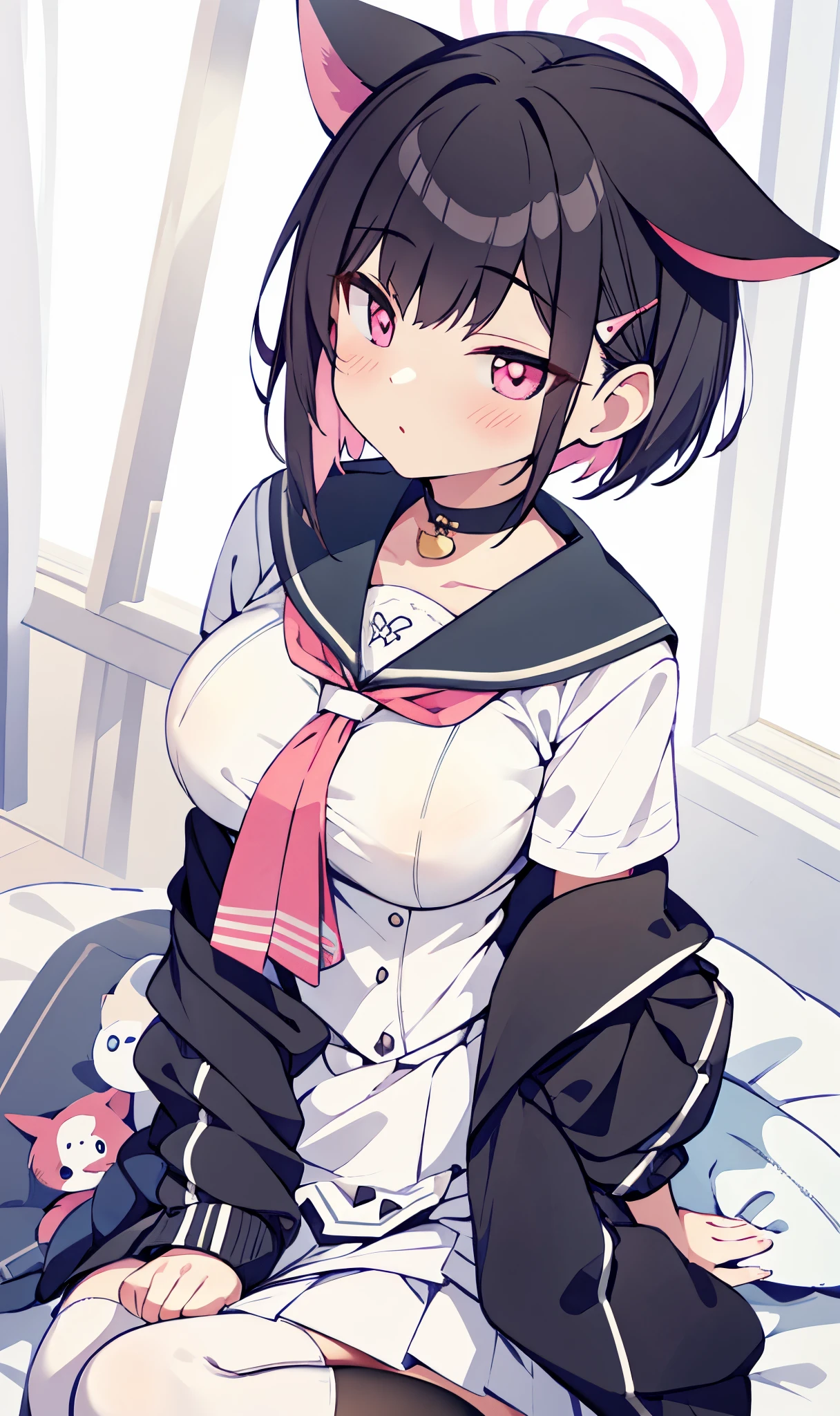 sitting,white skirt,white dress,(huge breast),(black thighhighs),blush,light_pink tie,cat ears,covered nipples