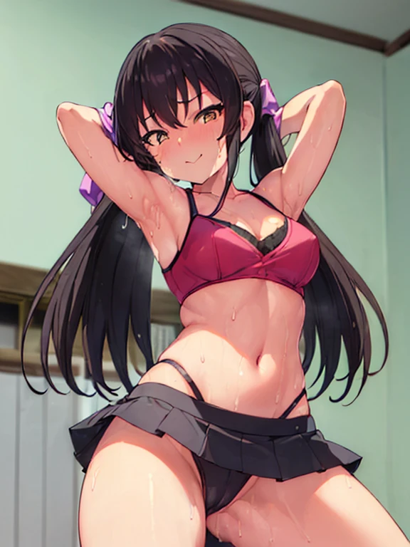 masterpiece, best quality, highres, Matoba Risa, 1girl, solo, busty, small breasts, black hair, twintail, sport bra, short skirt, garter on thigh, looking at viewer, full body, standing, simple background, (erotic pose:1.4), blush, smile, grinning, (Crotch panties exposed:1.3), ((Sweating in heat, arms behind head, double armpits, crouching down, half-squat, Open the crotch before:1.3)), In the middle, symmetrical, netorare face