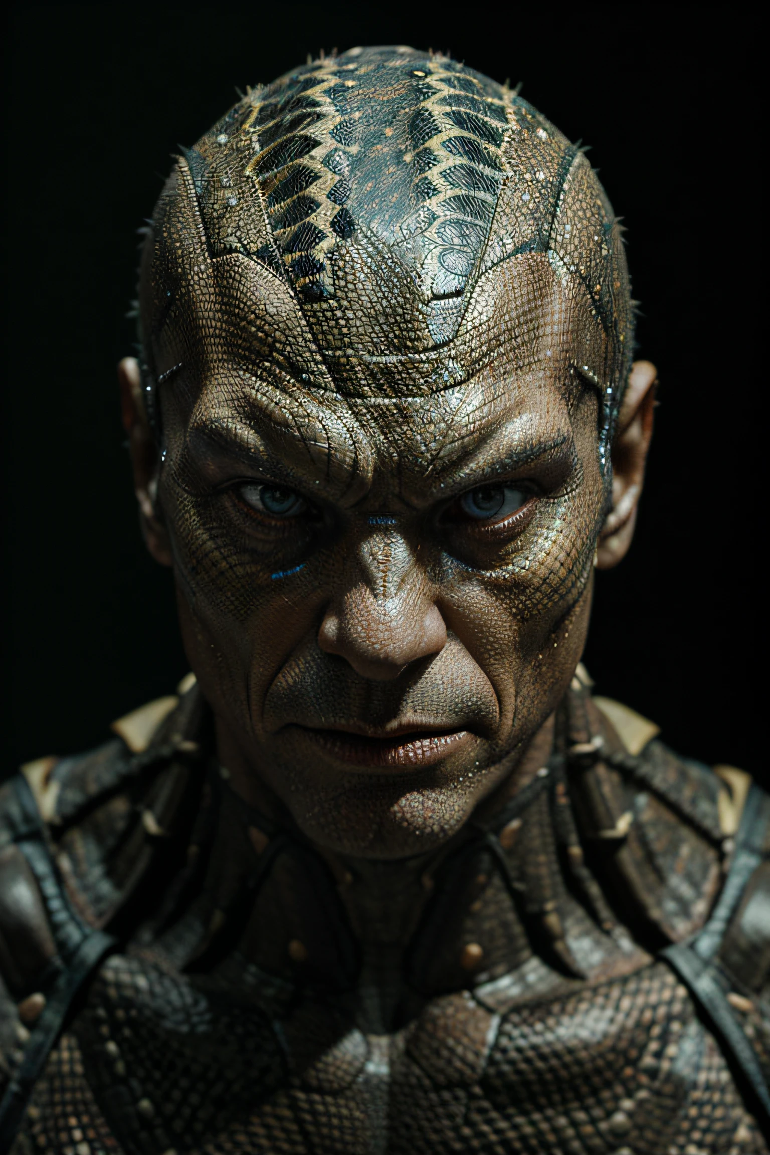 The hyper-realistic photo reptilian man , shot with Nikon Z7 II and Nikon NIKKOR Z 105mm f/2.8 VR S lens, HDR,