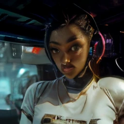 1 chica sexy Cyberpunk, pechos grandes, Toma de vaquero en primer plano, Detailed Asian face, futuristic, mechanical aesthetics, maquinaria compleja, Futuristic high-tech Cyberpunk city in the background, Motor Virtual 5, cinematic lighting.