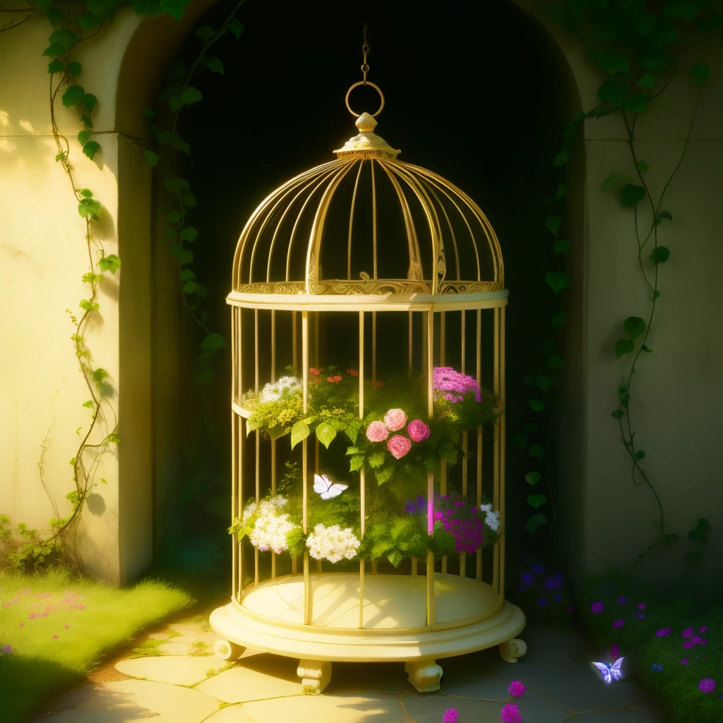 A cage woven from flowers and vines traps butterflies