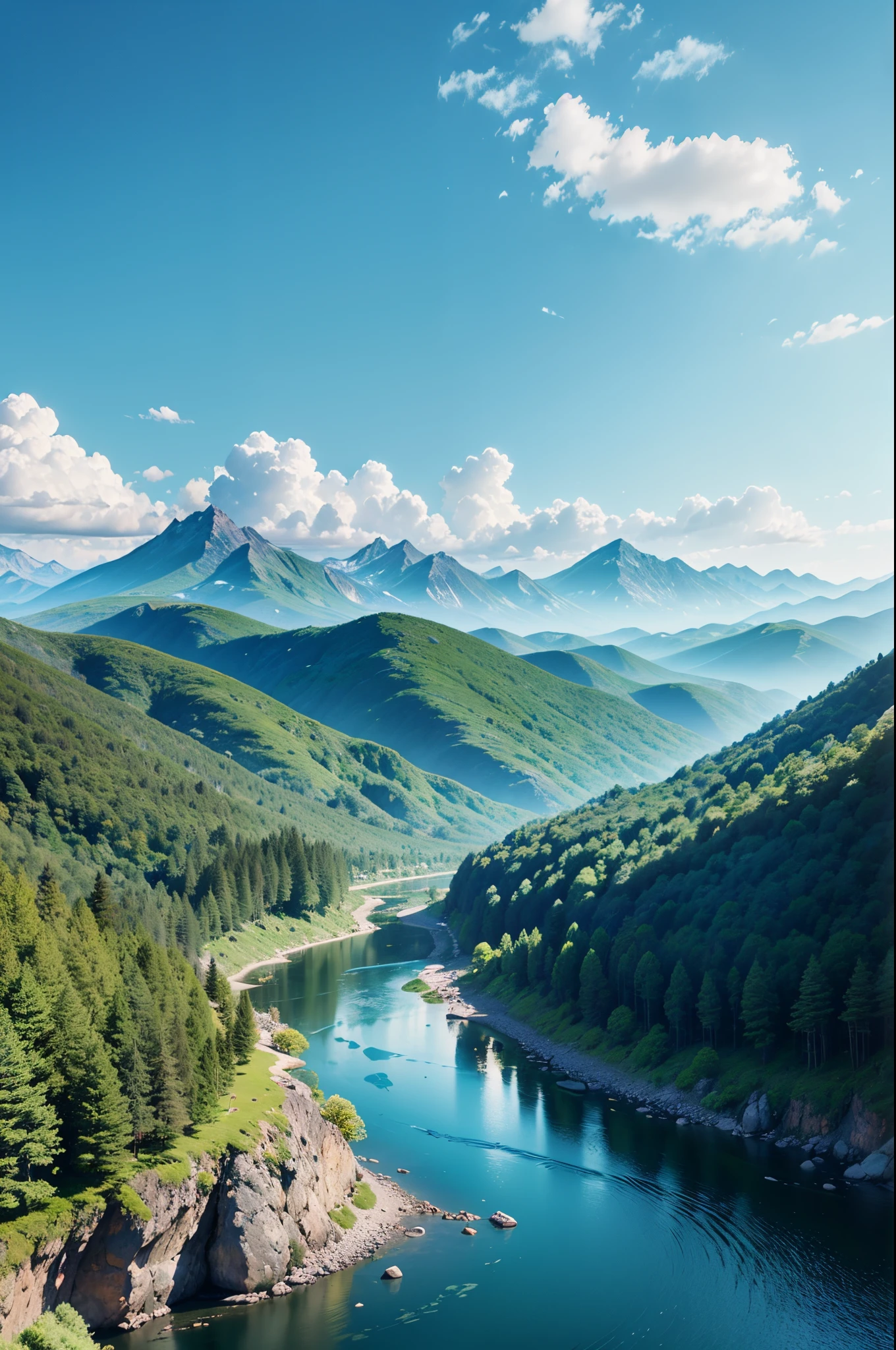 greener and rounded mountains, interspersed between larger and smaller sizes, with a flowing river with a mixed tone of light blue and dark blue, a bright light blue sky without clouds and with a balanced clarity --auto --s2