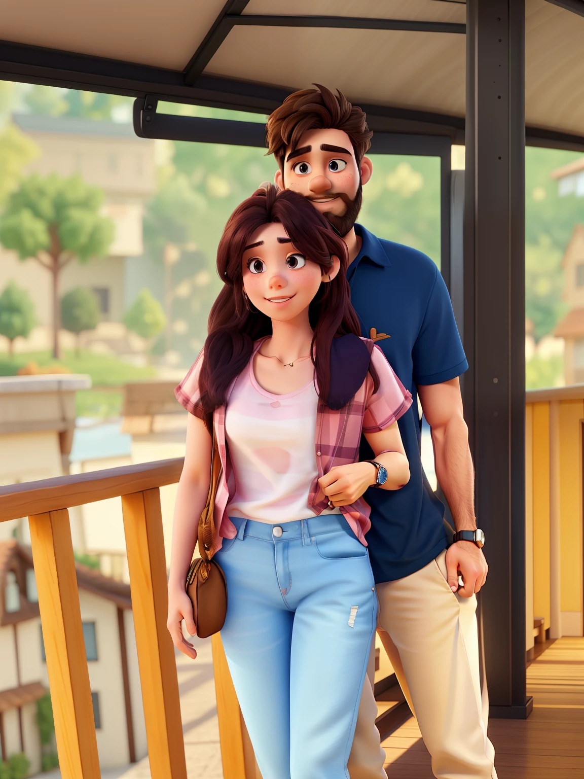 Light pink and white striped t-shirt Black t shiet realistic high-quality background 3D love couple Bearded boy and pretty girl