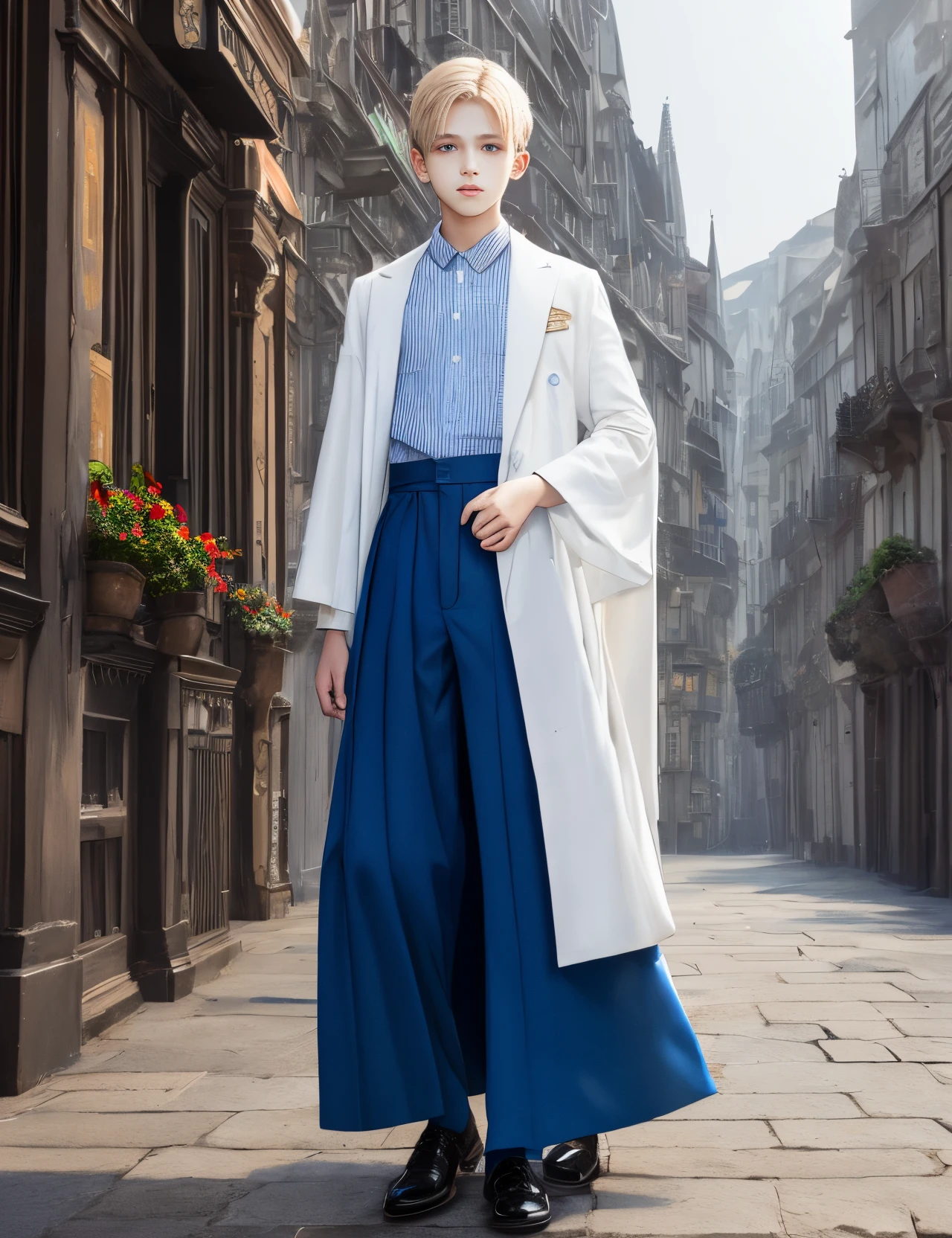 fair complexion, beautiful boy around 12years old, natural white blond hair and sad bright blue eyes, wearing kohl, slender and graceful, beautiful,
he is standingdiagonally, realistic shot,