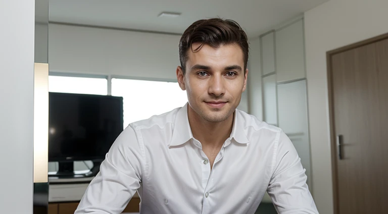 Sednic Mejov, a professional whose appearance reflects his determination and commitment to leadership, He has an average height, maintaining an upright posture that conveys confidence and seriousness. Seus cabelos escuros, cut in a sober way, acentuam sua abordagem profissional, while his penetrating gaze expresses a vision focused on the company&#39;s success. Ao vestir roupas empresariais elegantes e modernas, Sednic stands out for its choice of attire aligned with contemporary corporate culture. Your subtle smile reveals confidence and determination, complementando sua personalidade. Em resumo, Sednic Mejov exudes a respectable presence, balancing the seriousness of the business world with a welcoming and inspiring approach. And I need the whole body to appear
