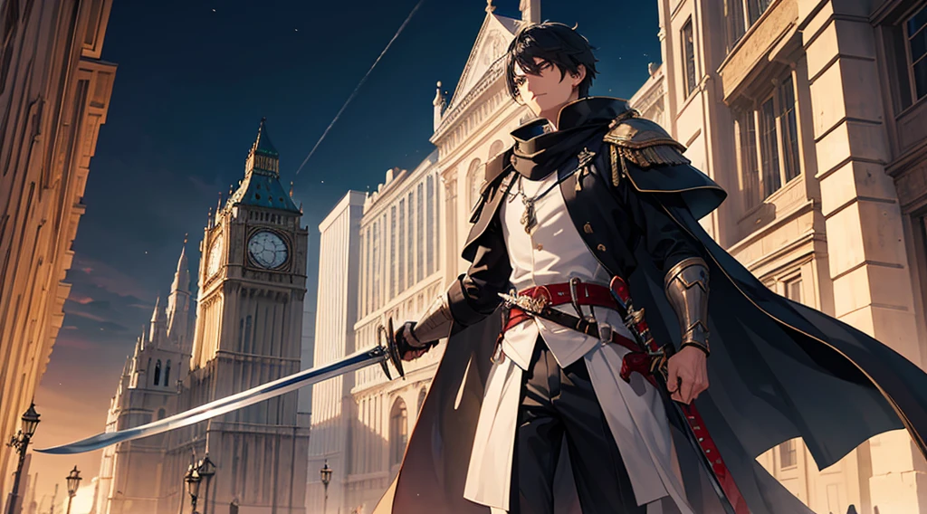 A man walks alone with his sword raised, The streets at night are empty London is getting stronger step by step Protect your soul Get ready to explode in the sky,majestic, HD layered sense