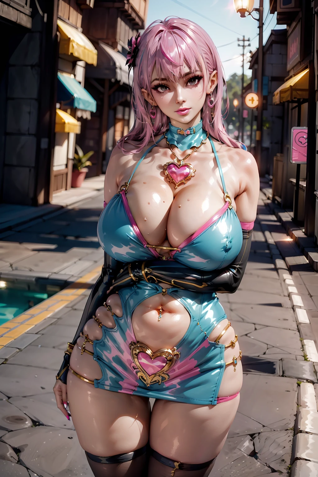 (nanami), 1girl, solo, blue (microdress), (bodycon), (miniskirt), blue latex, (pink hair:1.3), cleavage, navel, (face focus), (o-ring:1.2), jewelry, necklace, waist cutout, belt, golden chain, thighhighs, heart shape, looking at viewer BREAK masterpiece, best quality, parted lips, beautiful lips, makeup, eyeliner, mascara, glowing skin, mature figure, voluptuous body, (oiled skin, shiny skin, reflective skin), mature women, gigantic hanging breasts, from the front, (chromatic aberration, intricate details), dynamic angle, 40K, HDR, highres,