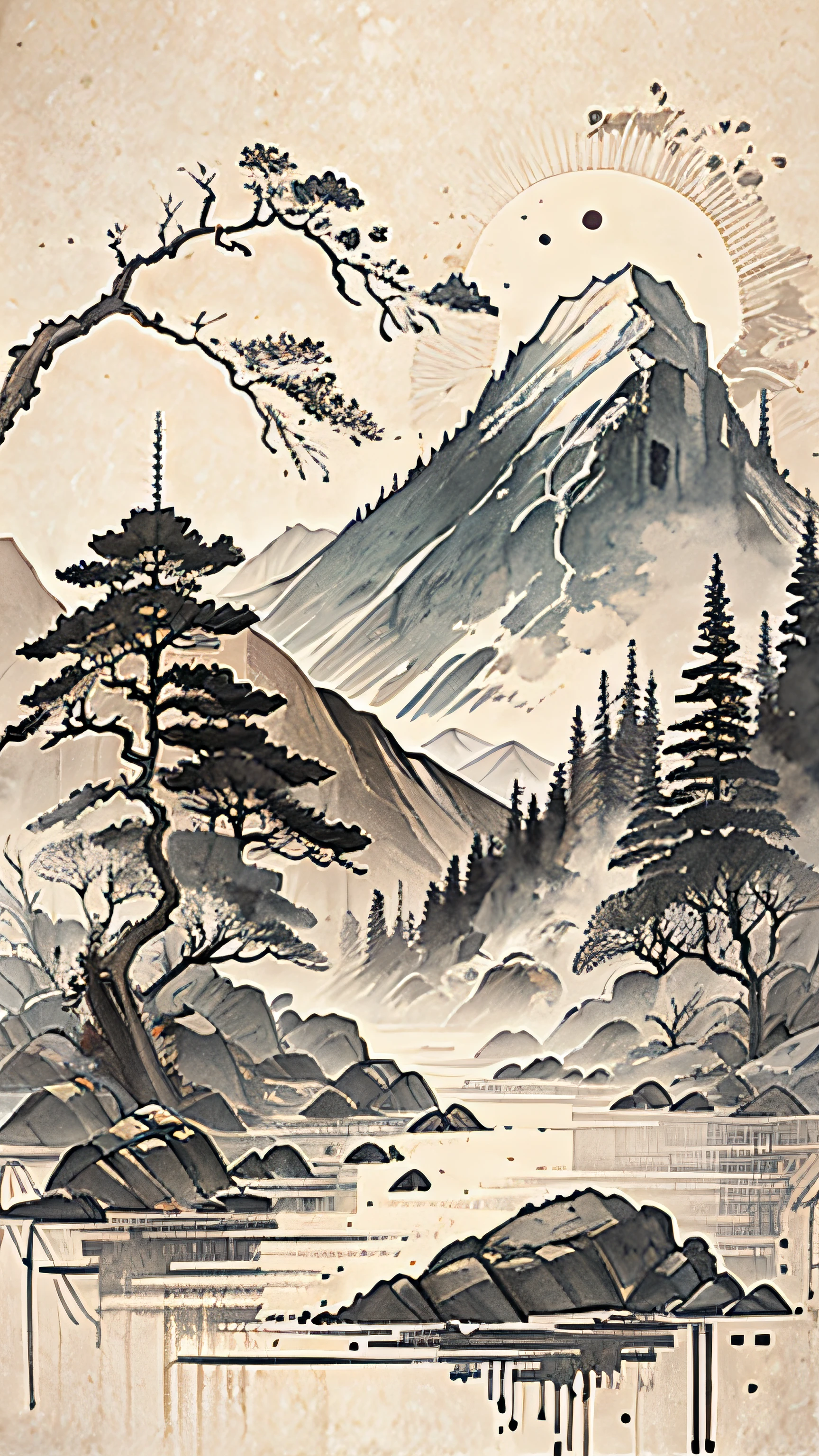 (Masterpiece, best quality: 1.2), (No_Humans), mountains in the distance, traditional ink painting, trees, rain, cottages