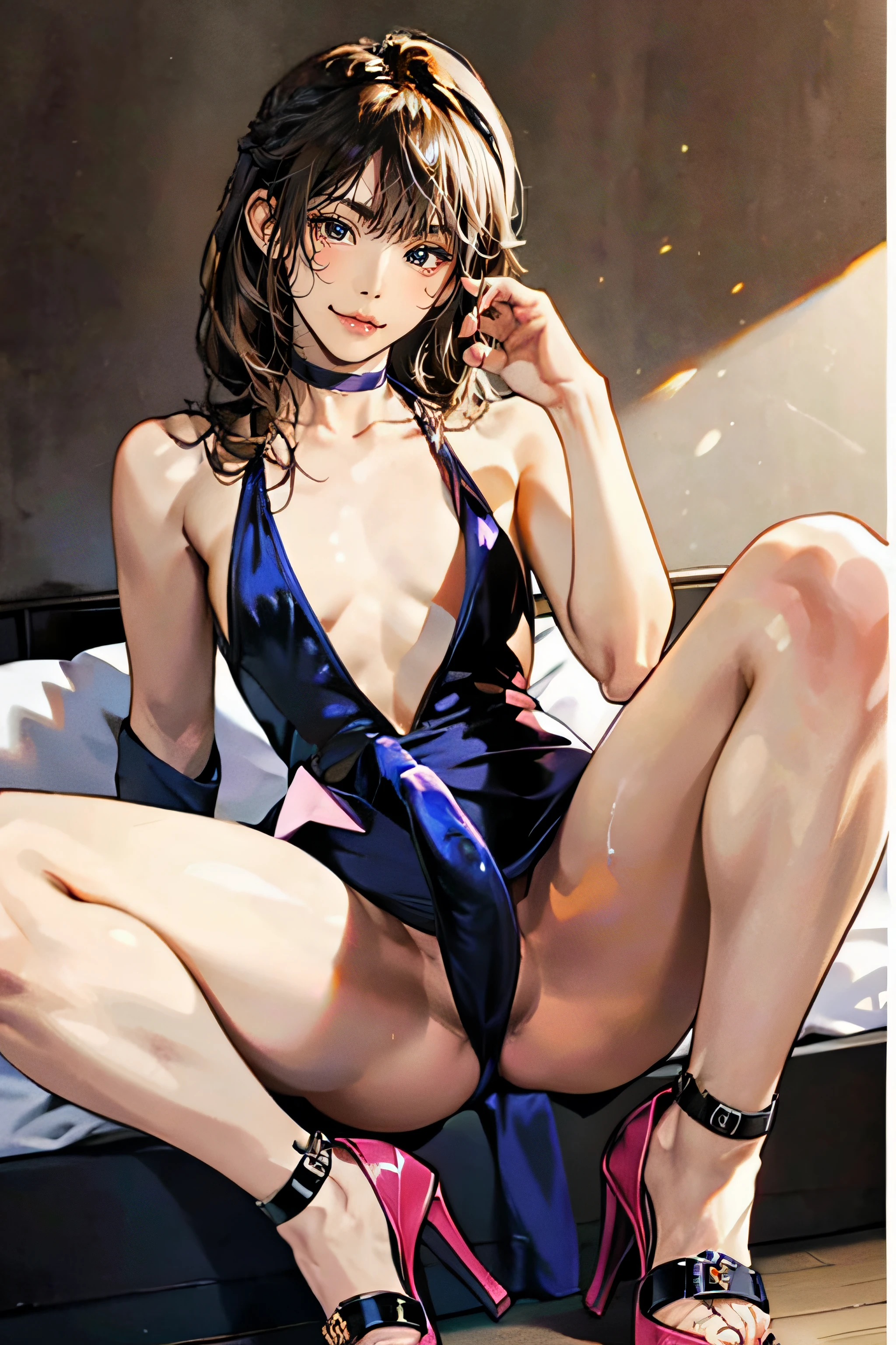 femboi, ((Masterpiece)), (Cute: 2.0), The face is extremely detailed, Enchanted expression, Strong gaze, Black Double French Braid, (Thin structure),Slightly round face, Tanned brown face, Healthy face, Big eyes, Thin thighs, (Small chest), confident pose, harsh, Almond-shaped eyes, rich palette,choker necklace,3D,open-toe high heels, goddess,open-toe high heels, goddess, Lean-yet-toned body/androgynous body aesthetic, spasm