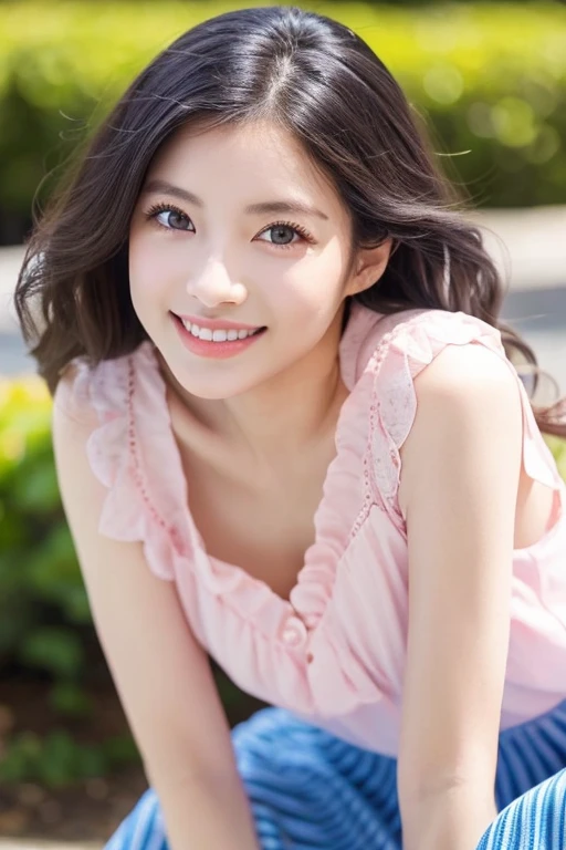 Beautiful woman with good eyes and nose、Beautiful as a model、Cute like a model、Eyes are double、How to use regular mascara、Eye color blue、Hair color pink、her face is delicate and elegant.、imagem 4k、Beautiful style like a model、Ordinary large、A refreshing and lovely smile、Yellow blouse、plain orange mini skirt、University campus on a sunny day、Pose like a model、Overall portrait、Snapshots、Glamorous、Bright smile、Beautiful and delicate face like a model、Best Quality、masuter piece、