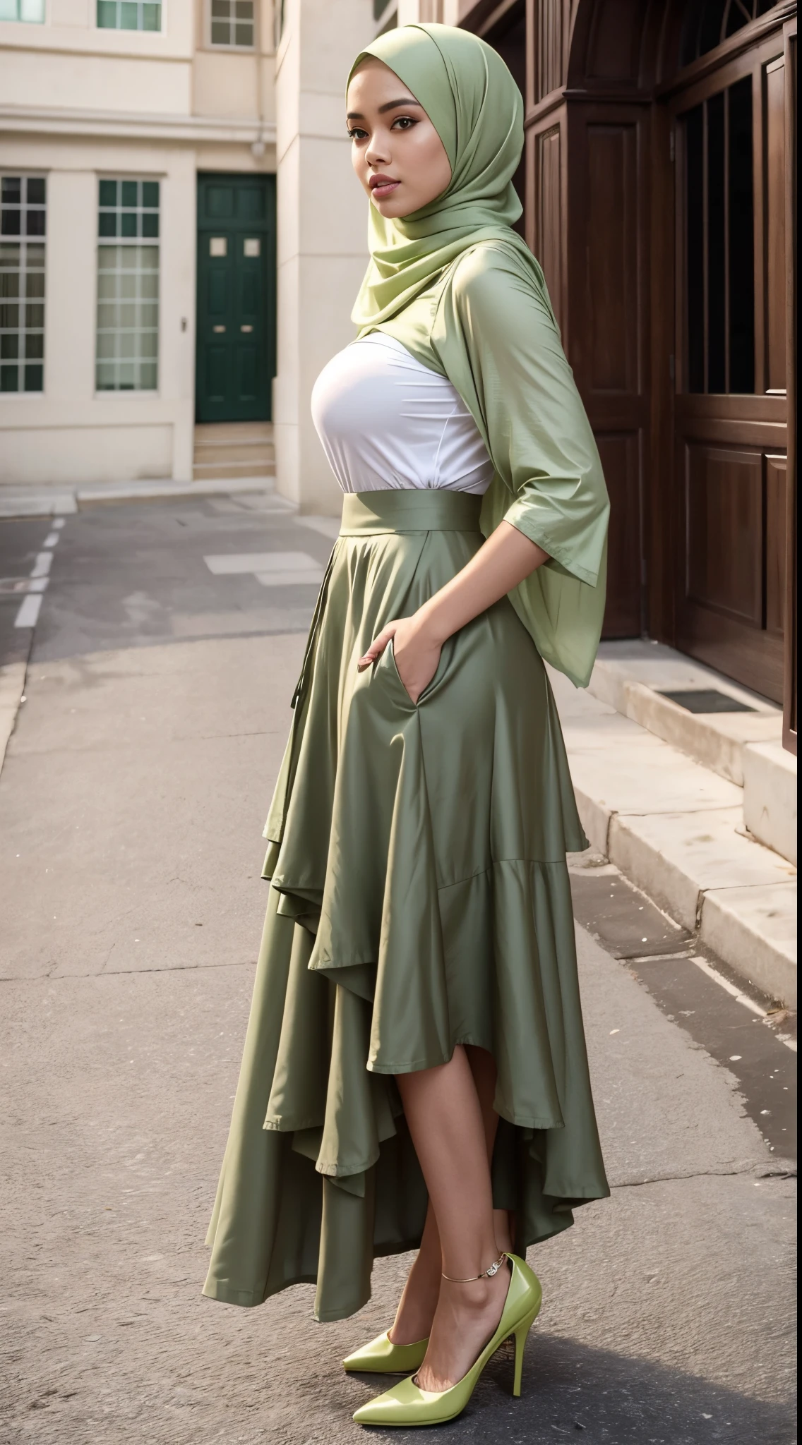 RAW, Best quality, high resolution, masterpiece: 1.3), beautiful Malay woman in hijab (iu:0.8),RAW, Best quality, high resolution, masterpiece: 1.3), beautiful Malay woman in hijab (iu:0.8),woman standing outside of a building ,huge breast, wearing a green dress, skirt, layered skirts, pastel green, long skirt, wearing skirt, katelynn cute style, inspired by Rhea Carmi, trending on pinteresst, instagram post, feminine in cute pastel shades, at instagram, dressed in long fluent skirt, olive green, sheer, aurora green, authentic