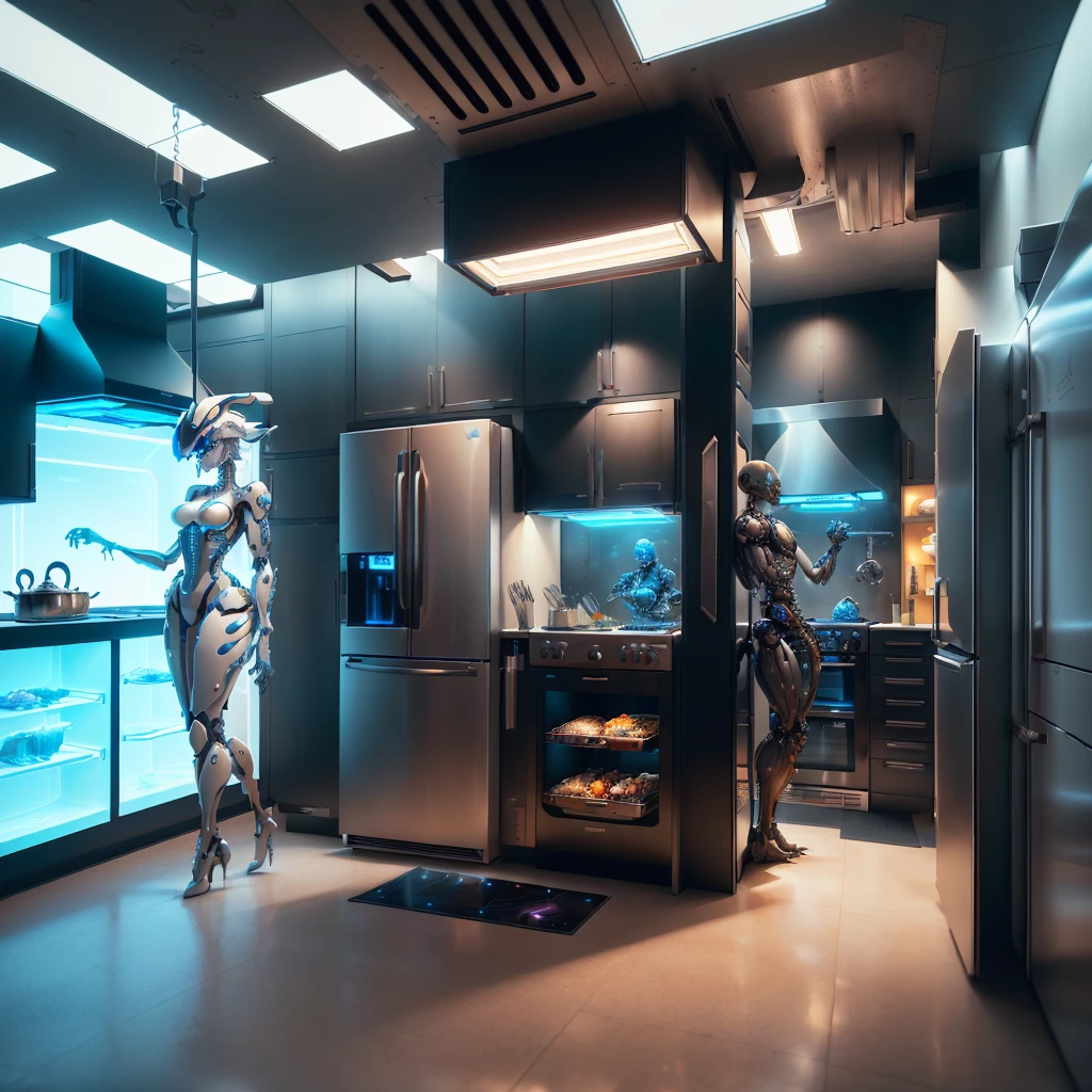(Futuristic kitchen,Refrigerator with robotic arm,Mechanical joint,Refrigerator robotic arm is creating delicious meals,Epic surreal art style,Epic sci-fi art style,Epic digital fantasy illustrations,epic mythology art style,Epic futuristic art style,steampunk kitchen utensils), Background futuristic kitchen, sci fi art, ,Excellent,Excellent,hyper realisitc,Thriller,Weird,