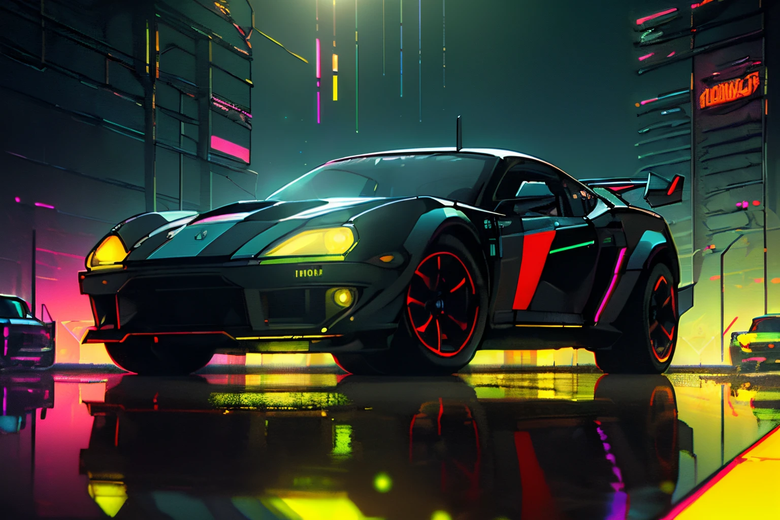 (intrincated details:1.5), (photorealistic), (masterpiece), (photography), cinematic lighting, (hyperrealistic:1.2), 8K, 300mm
vehicle focus, cyberpunk sports car, cyberpunk garage, ground vehicle, motor vehicle, , scenery, solo, night time, wide tyres, autonomous vehicle,(car led lights), (opaque windows:), steam coming out of the exhausts, (lens flare, film noise, diffused glow.1.5), (reflections and shine:1.5), (diffraction and chromatic aberration:1.5), (without license plate), (extremely shiny car paint), (tires with a lot of negative camber), Drone Cars
sparks floating, (dust and scratches film:1.2), (vintage color grading:1.3), dense environment, (old photo style)
SK_ANALOGFILM