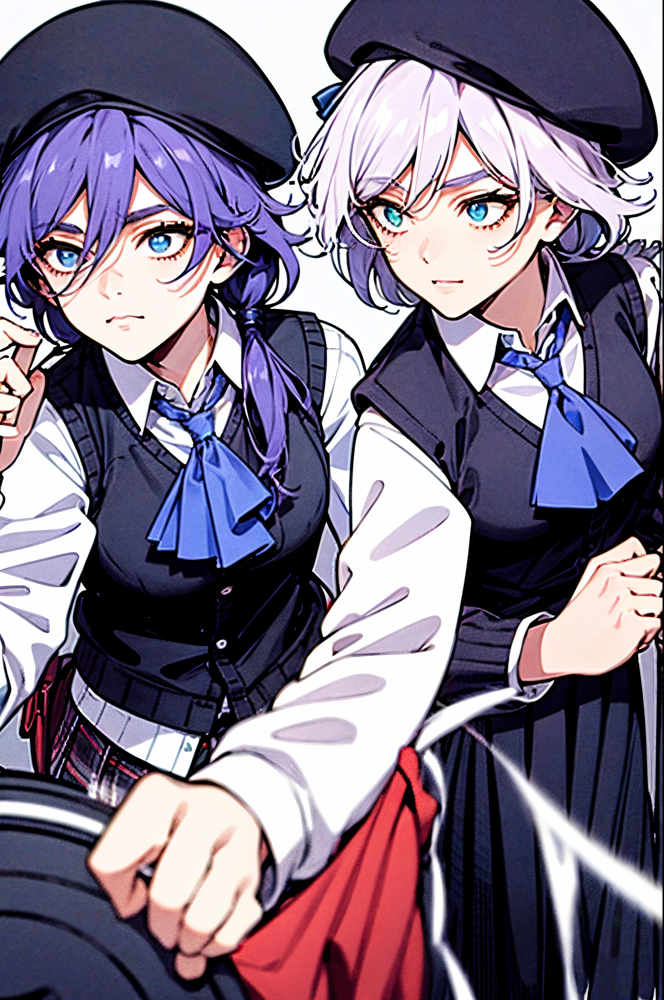 hat,skirt,beret,vest,blue necktie,hair between eyes,purple hair,shoulder bag,white shirt
