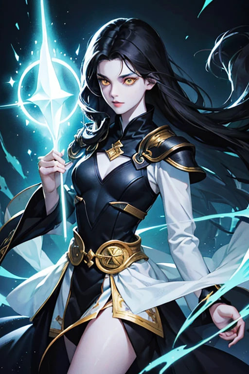 tags: girl, 15 years old, energy powers, long black hair, bright yellow eyes, very pale skin, character, detailed eyes, detailed lips, supernatural powers, fantasy, mysterious, dark atmosphere, glowing energy, intense gaze, flowing hair, ethereal, magical, high quality, photorealistic, vibrant colors, dramatic lighting.