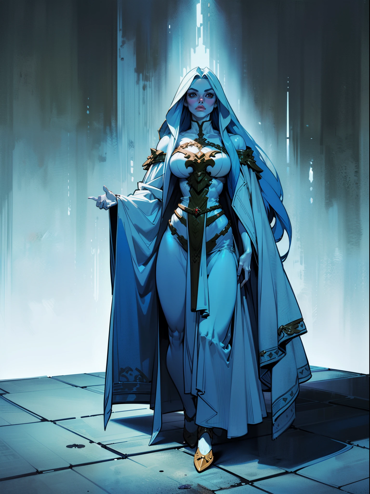 Warrior Woman (demonic horns:1.5), ((full body view:1.4)) Masterpiece, ((Thepit Style:1.4)), (pale skin:1.5), (long blue hair:1.5), muscled body, Feminine, Huge upper body, wide shoulders, veins, ((beatiful face:1.5)), full lips, slim face, high cheekbones, muscular, in the art style of mohrbacher, In the style of Peter Morbacher