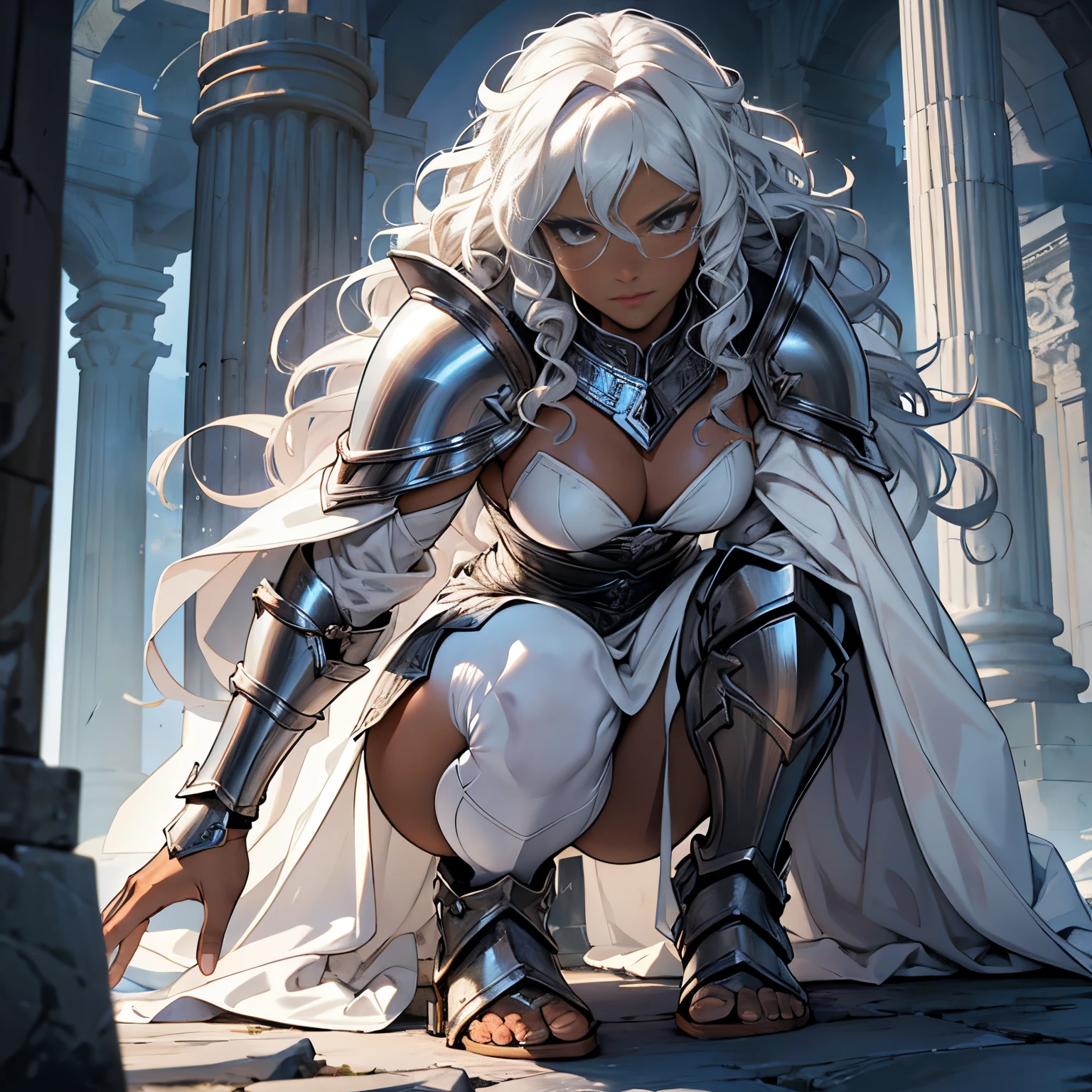 Fantasy, Middle Ages, A powerful warrior with white curly hair, White armor, silver knight, Black skin, Black Woman, dealing with lightning, thunderstorm, thunder, salama, royal court, Mascara around the eyes, shadows under the eyes, White Cloak, brutal, Very curly hair, Perm hair, Background with : Temple of Zeus struck by lightning