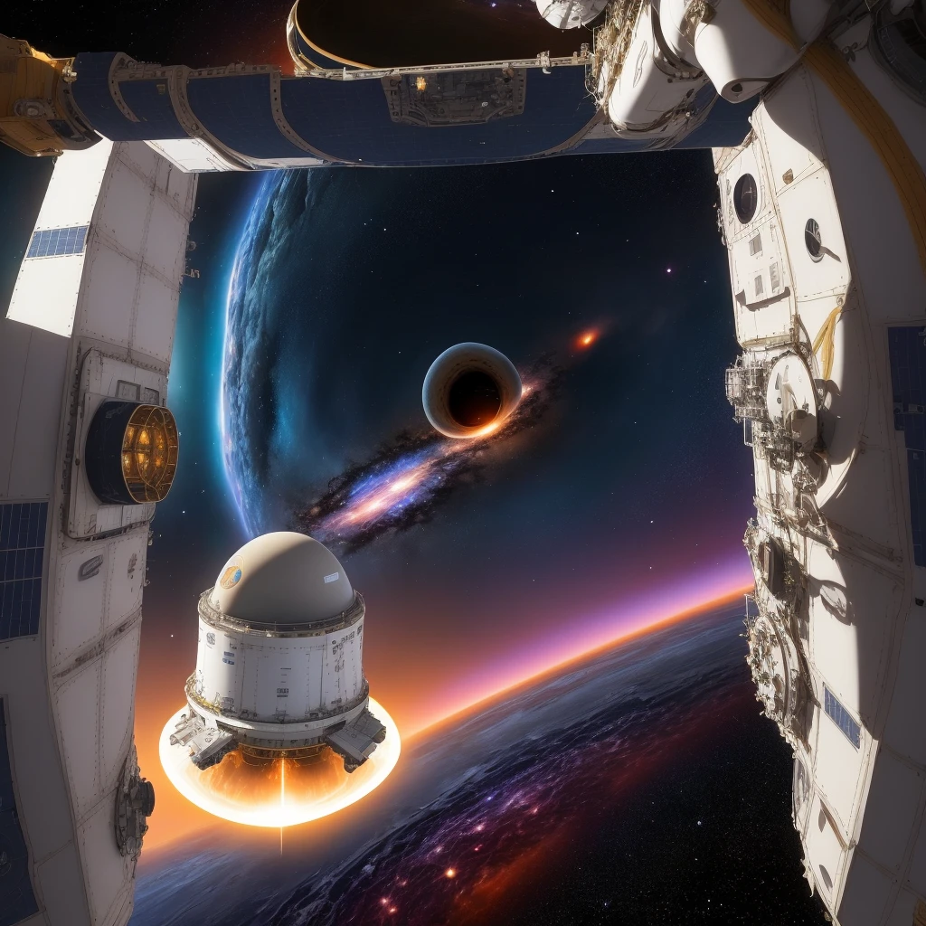 Describe a space station in orbit around a black hole, where scientists study the mysteries of the universe.