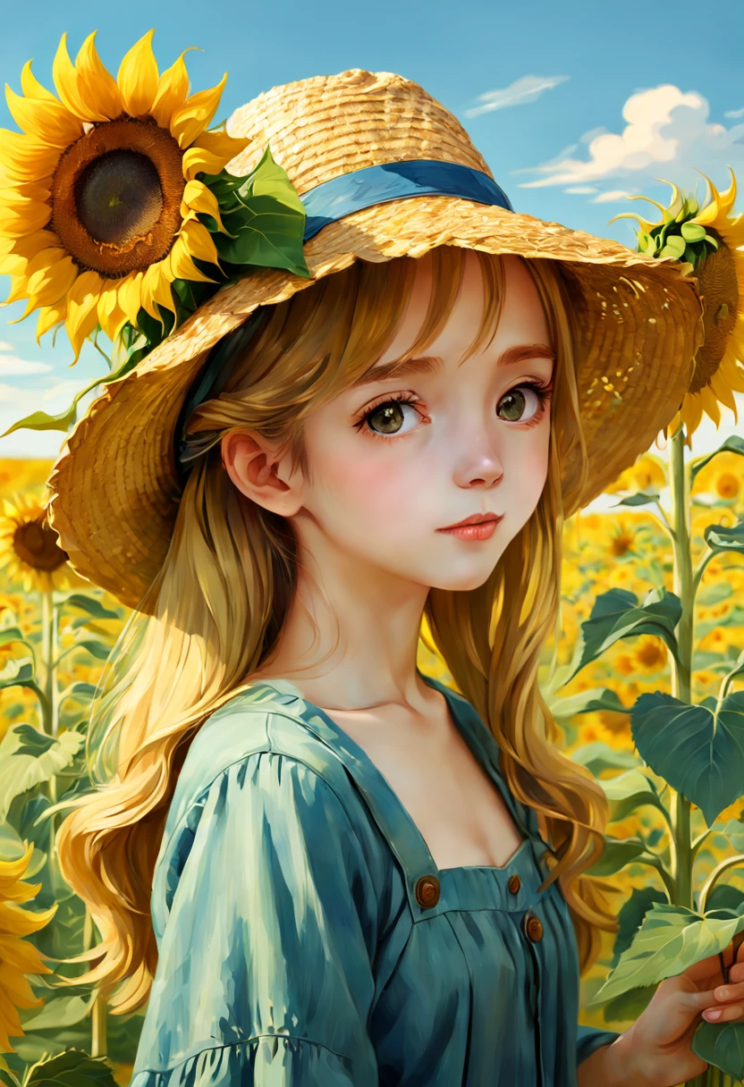 cute girl with sunflowers in her hair and a straw hat, beautiful sunflower a girl, artwork in the style of vincent van gogh, clean detailed anime art, detailed oil painting, van gogh style, trending on artstation pixiv