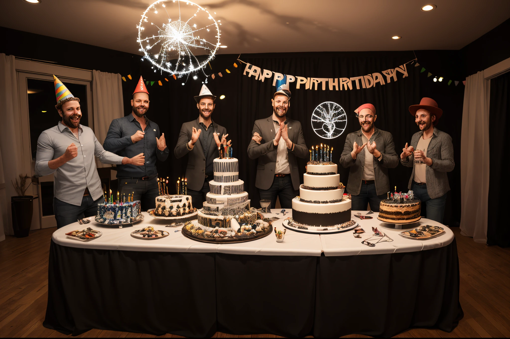 A birthday party with Black and white snakes with party hats around a table. On the table is a cake that is actually a portal to a different dimension. In the middle of the portal is the kabbalah tree of life glowing. A banner hands from the ceiling of the room that says "happy birthday Josh"