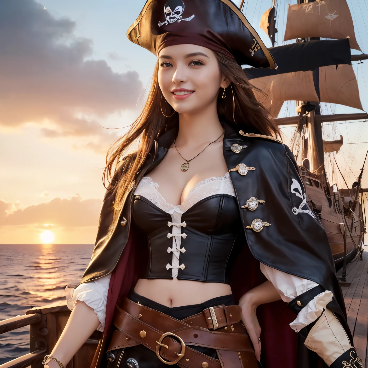 (top-quality、masutepiece、8K、Top image quality、SFW)、one female pirate、female pirate captain、(Charming medieval european pirate costume:1.3)、(Very intricate classic pirate costume:1.5)、(Detailed depiction of numerous accessories、big captain's has、perfect long cloak:1.3)、(Complex necklaces、complex badges、leather belts and delicate accessories:1.5)、(Detailed explanation of the structure of the perfect pirate ship:1.5)、(Complex and realistic interior of a pirate ship:1.5)、(Deck background with big sails、There is a large sail on the deck of the ship.、Detailed depiction of complex ship deck backgrounds、Perfect feeling like being on a pirate ship:1.7)、(Perfectly reproduces the classic atmosphere:1.5)、(intricate corset、giant cloak、the most dignified pirate captain'complex costume:1.5)、(Classic and majestic pirate captain costume:1.5)、(she is in the center of the pirate ship、She is on the center deck of the pirate ship...:1.5)、(spectacular movie lighting、brilliant sunset、spectacular beautiful sunset、Sunset Sea、Big sunset:1.3)、(Depiction of the film、Classic and intricate depiction of a pirate ship:1.3)、(View me、Brown hair、Very Longhair、A slight smil、beautiful smiling face、photo of her from the waist up:1.5)