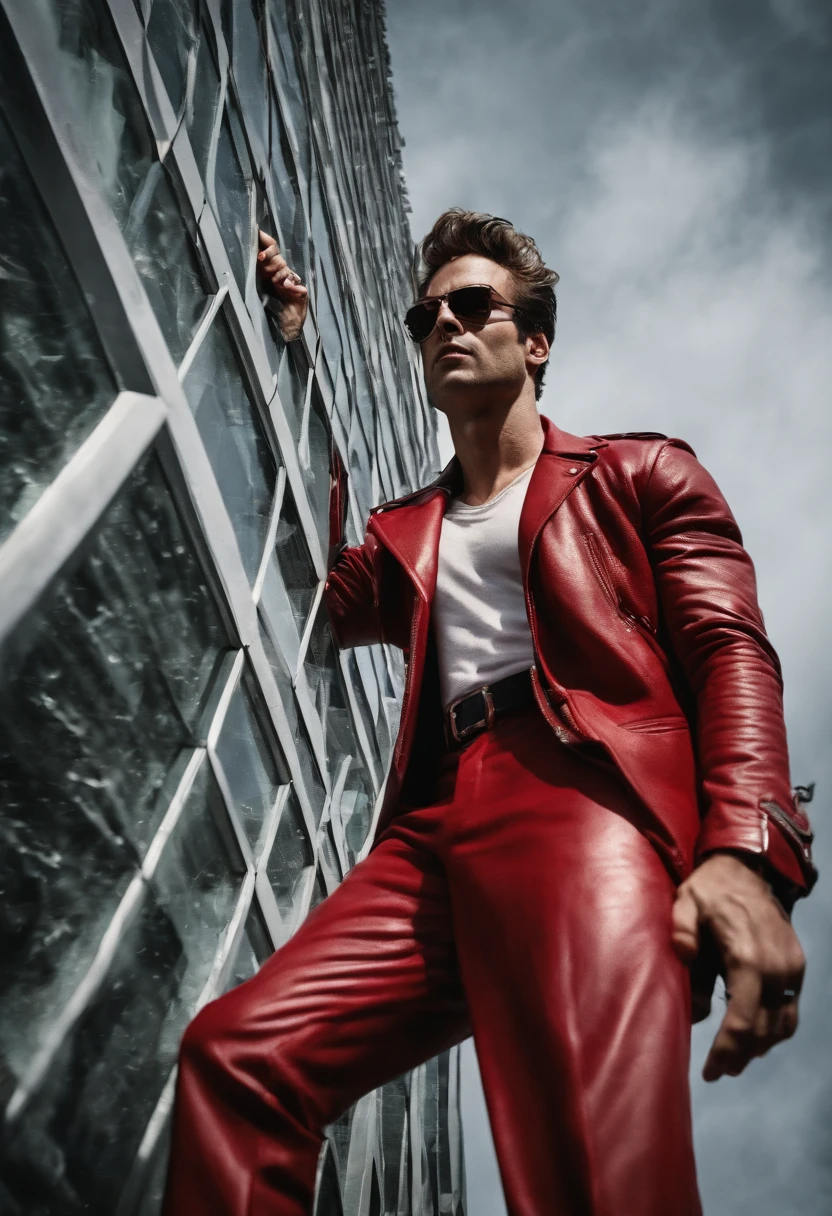 A photo of Tyler Durden leading a group of rebellious individuals, all wearing the iconic red jacket, climbing up the side of a corporate skyscraper.,original,Visually, Tyler is depicted as the epitome of a certain rugged, careless coolness, with a chiseled physique, unkempt hair, and a devil-may-care attitude expressed through his disheveled yet somehow stylish clothing. He frequently sports a red leather jacket, flashy shirts, and a penchant for soap making, which serves as a metaphor for his ability to cleanse and rebuild the identities of his followers.