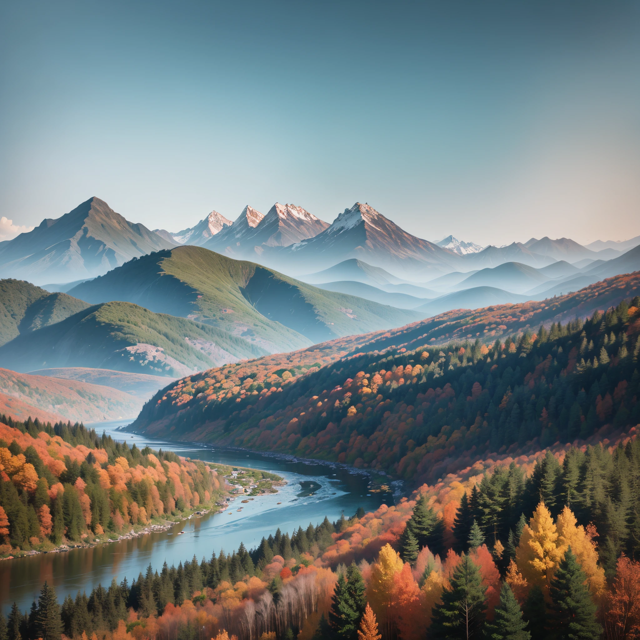 greener and rounded mountains with signs of autumn, interspersed between larger and smaller sizes, with a rushing river with a mixed tone of light blue and dark blue forming a U-shaped curve, a bright light blue sky, without clouds and with a balanced clarity --auto --s2